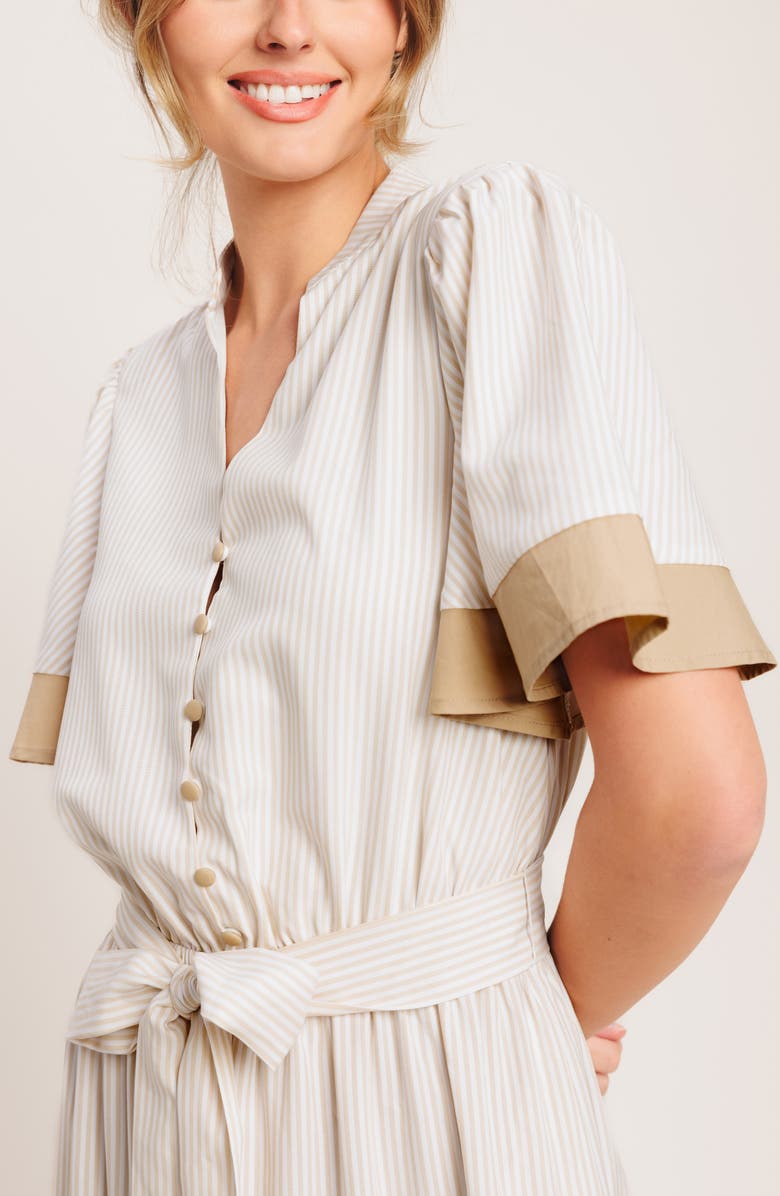 FLYING TOMATO Stripe Short Sleeve Midi Shirtdress, Alternate, color, Taupe White Stripe