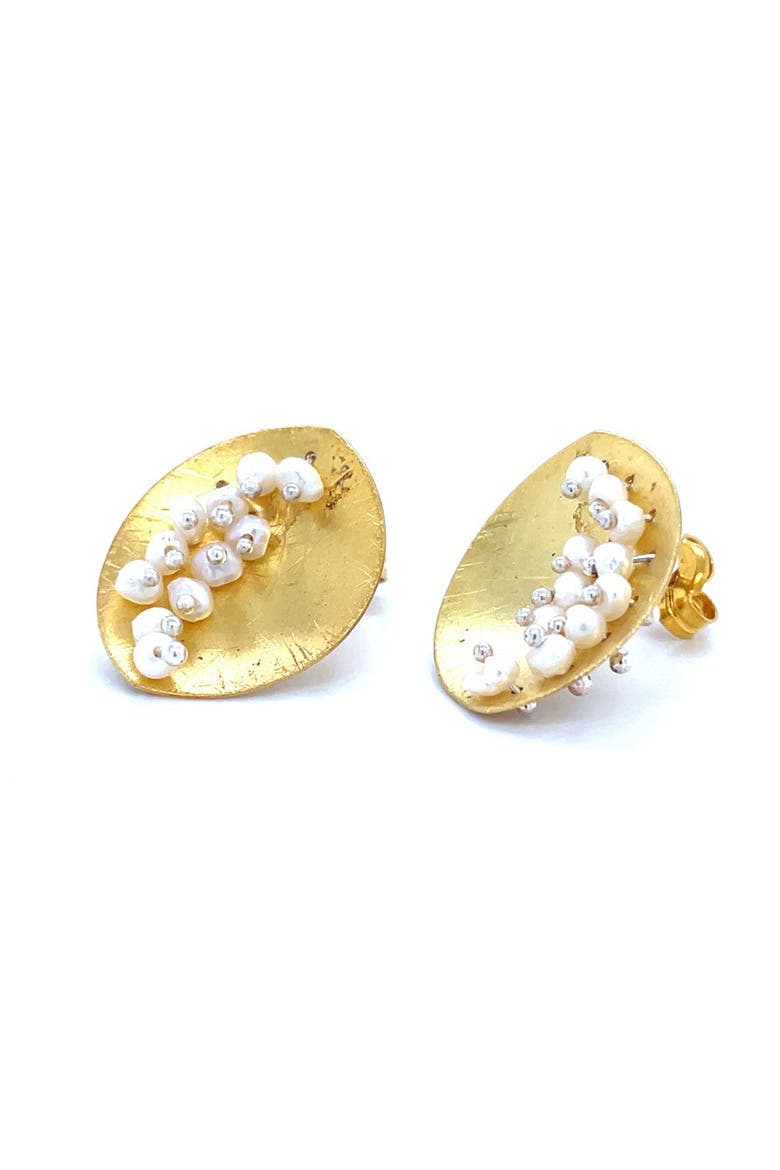 Leaf Mars Earring, Sterling Silver with Gold Plate and Fresh Water Pearls, Alternate, color, Gold Plated