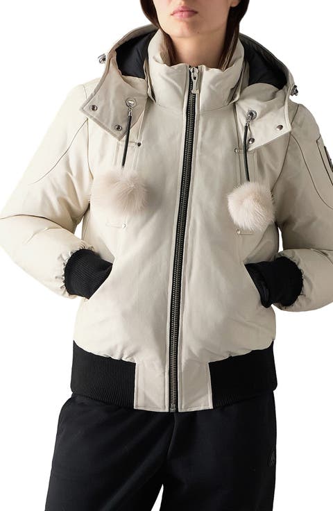 Debbie Genuine Shearling Trim Hooded Water Repellent 800 Fill Power Down Bomber Jacket