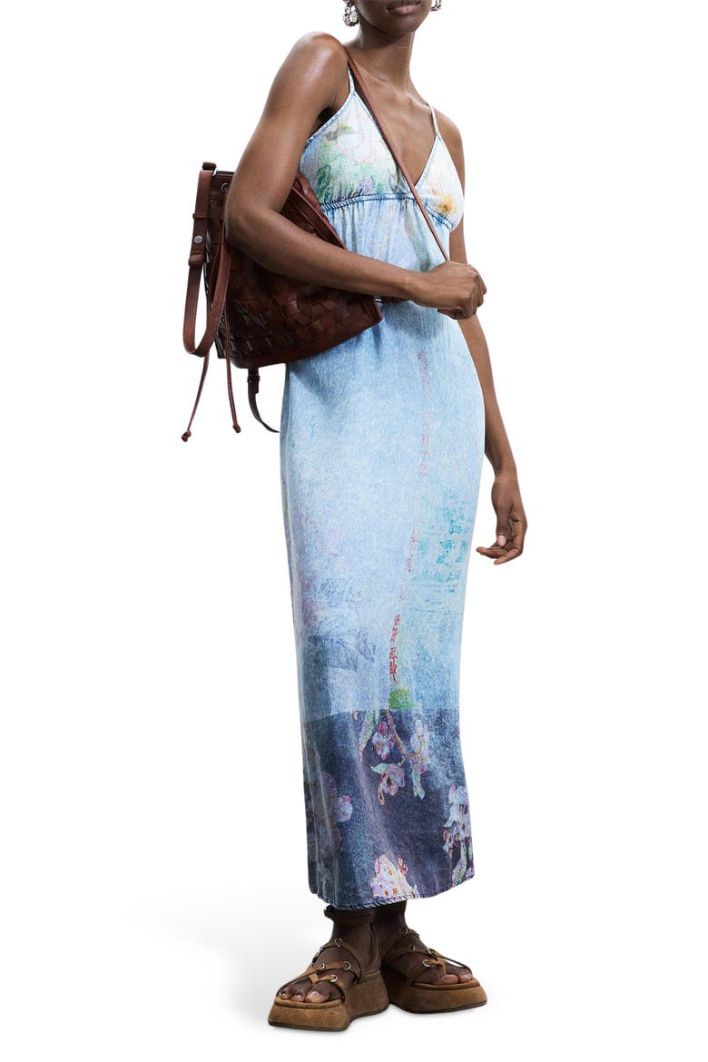 Floral Print Denim Dress, Main, color, LIGHT BLUE