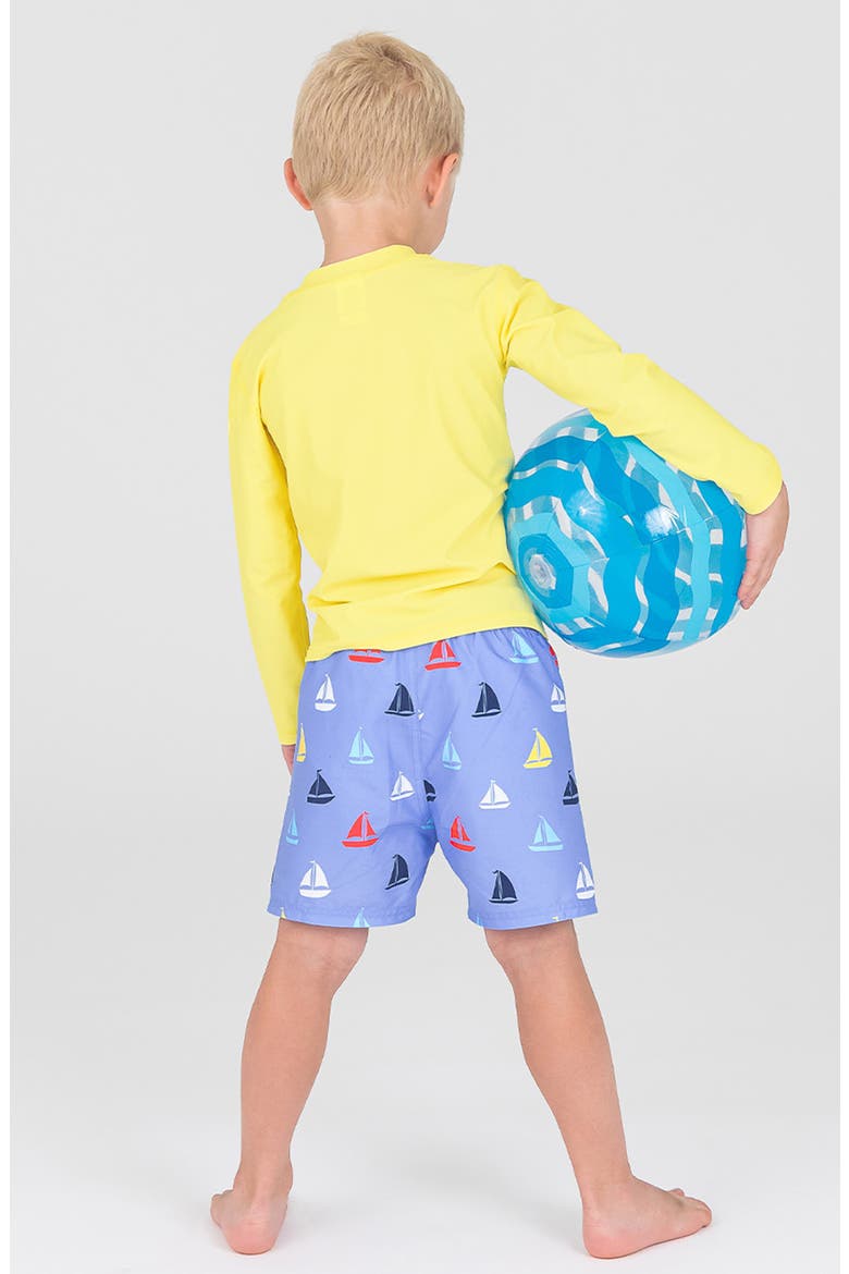 Kids' Sailboat Print Swim Trunks, Alternate, color, DOWN BY THE BAY