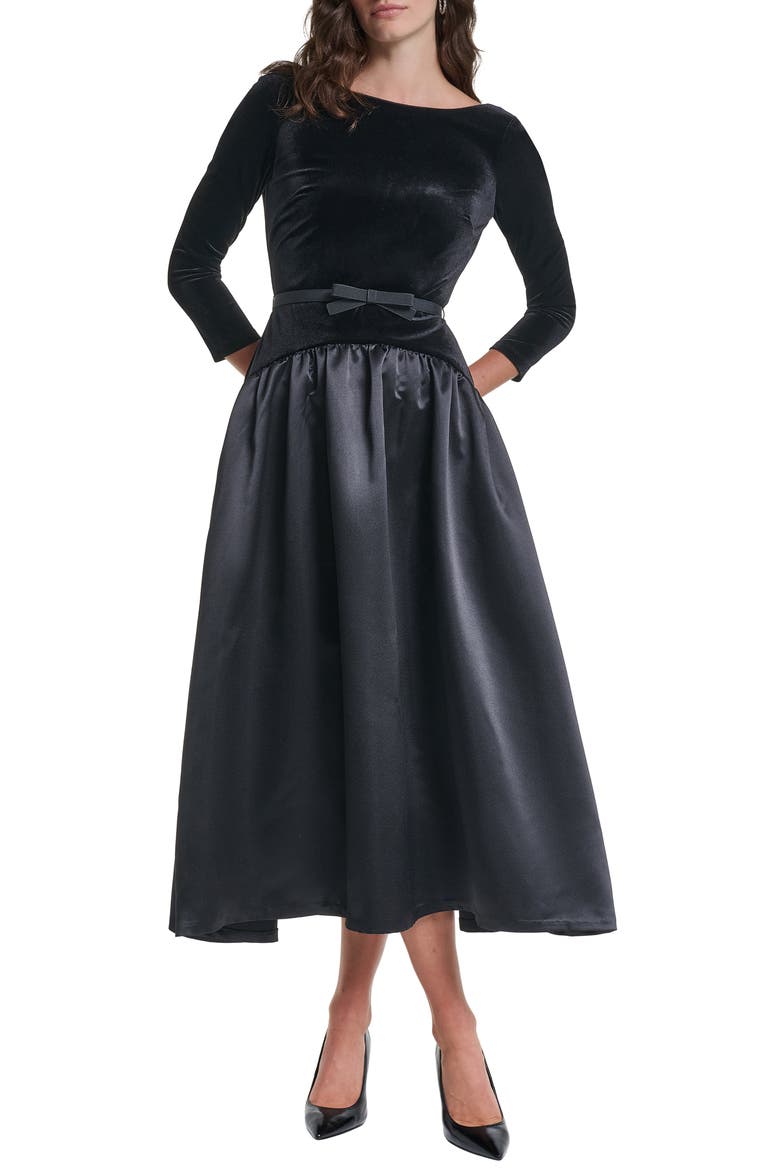 Belted Stretch Velvet & Satin Midi Dress, Main, color, BLACK