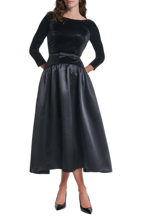 Belted Stretch Velvet & Satin Midi Dress