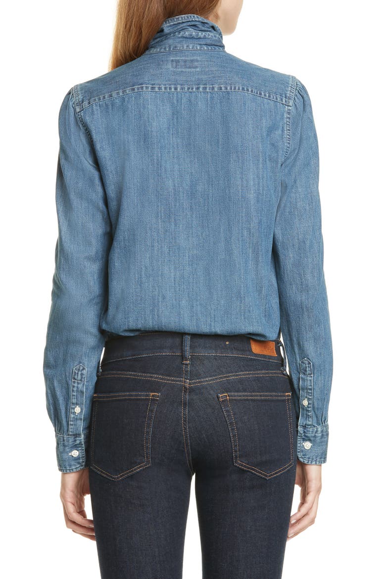 Tie Neck Button-Up Denim Shirt, Alternate, color, MEDIUM INDIGO