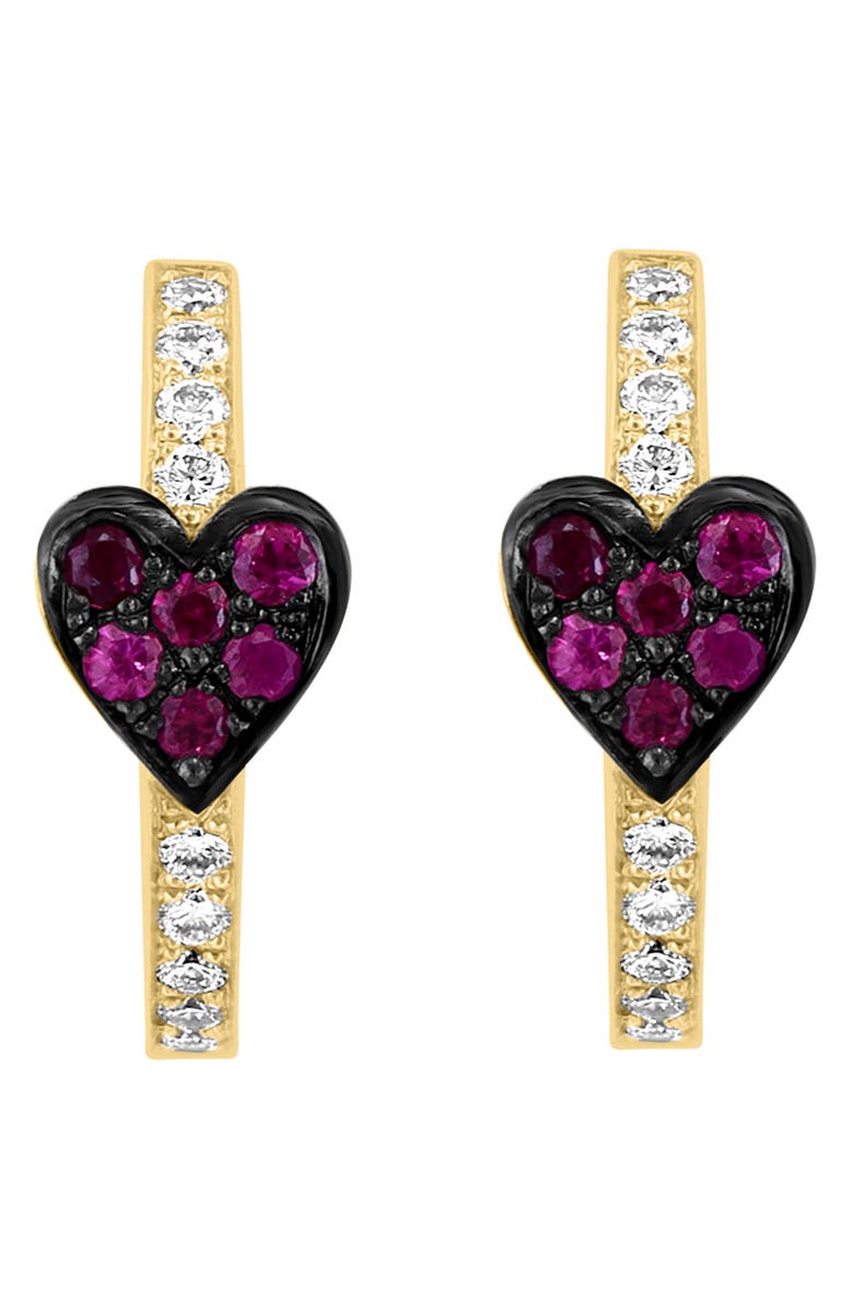 EFFY 14K Yellow Gold Diamond & Ruby Heart Hoop Earrings, Alternate, color,