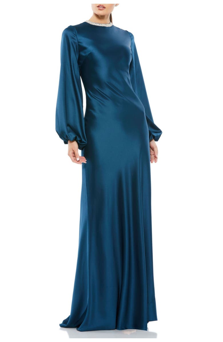 Mac Duggal Petite Beaded High Neck Bishop Sleeve Satin Gown, Main, color, Sapphire