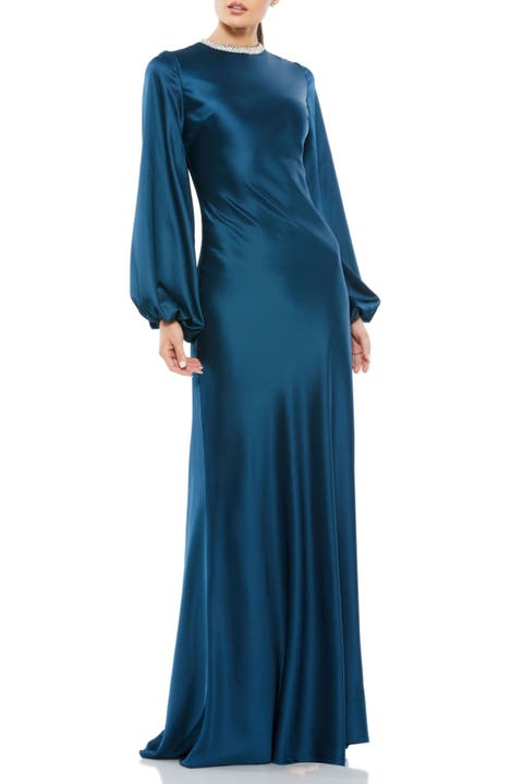 Petite Beaded High Neck Bishop Sleeve Satin Gown