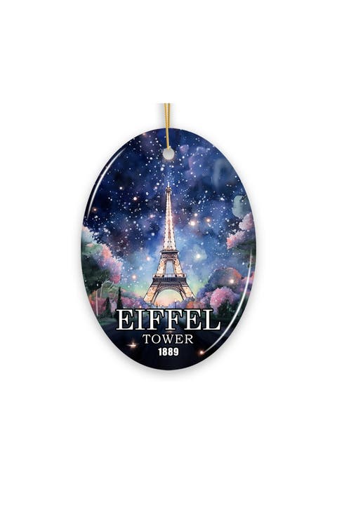 Eiffel Tower Moonlit Night Oval Ceramic Ornament