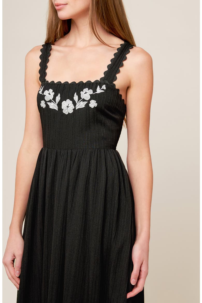 Embroidered Fit and Flare Midi Dress, Alternate, color, BLACK