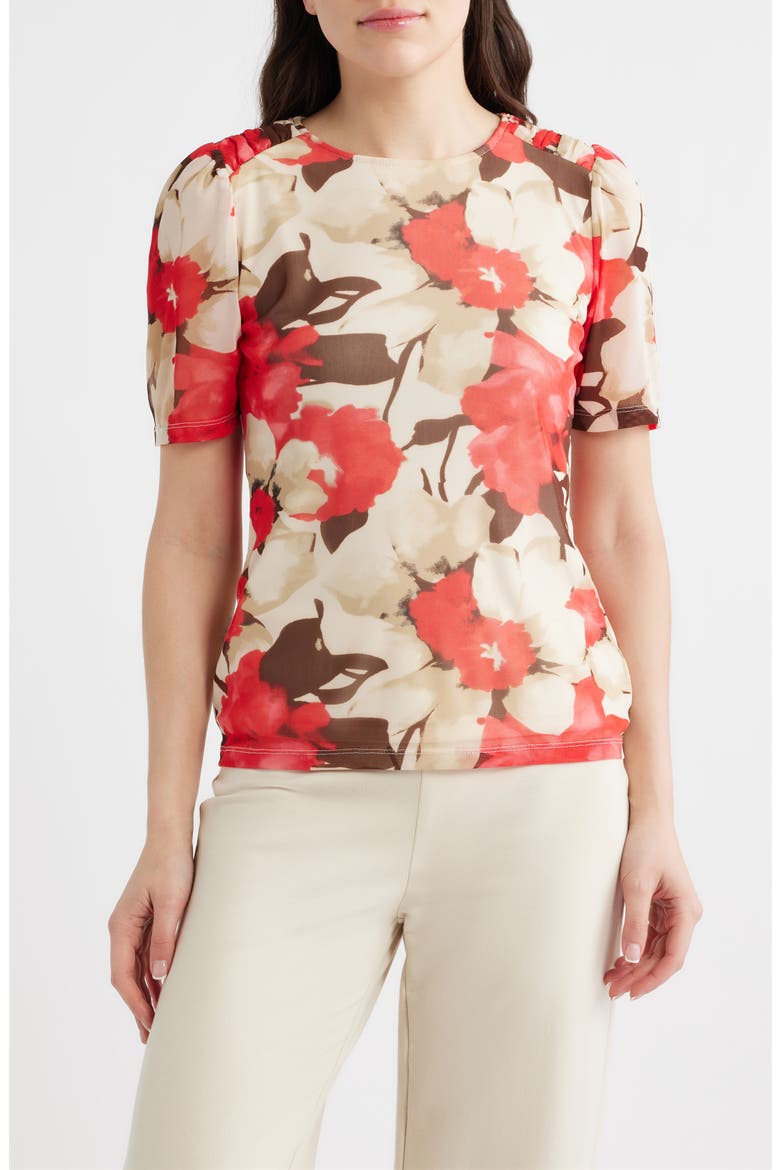 Floral Print Ruched Sleeve Top, Main, color, WHITE DOVE MULTI