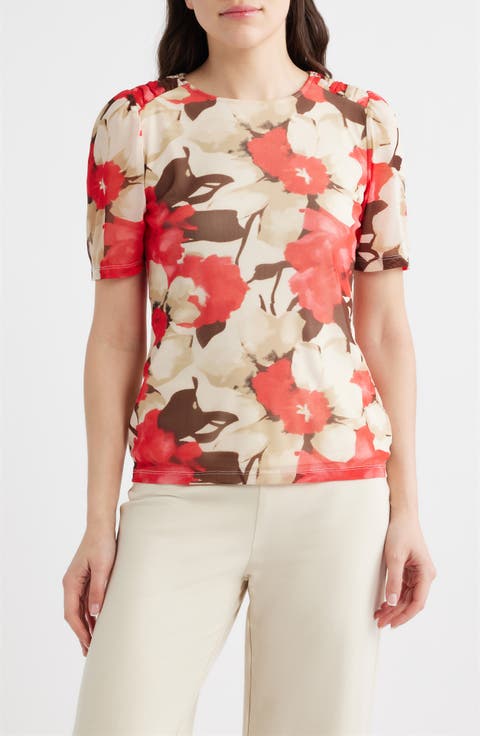 Floral Print Ruched Sleeve Top (Regular & Petite)