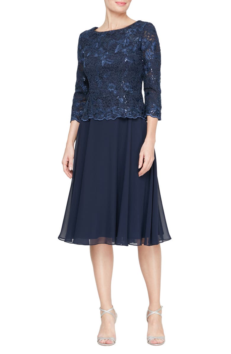 Alex Evenings Embroidered Bodice Mock Cocktail Dress, Main, color, Navy