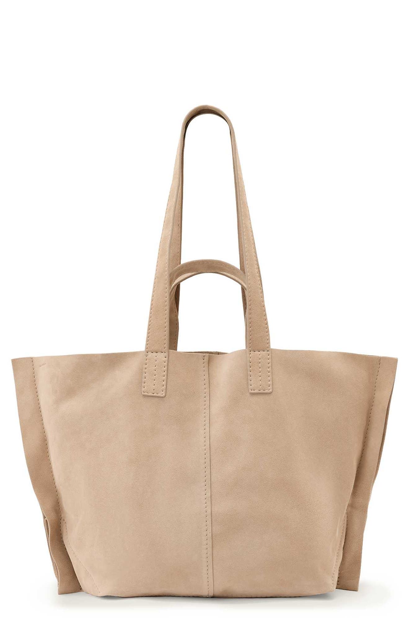 AllSaints Lutece Suede Tote, Main, color, Pinto Brown