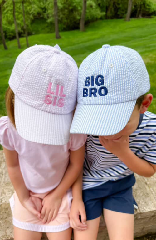 Bits & Bows Lil Sis Seersucker Bow Baseball Hat In Pink