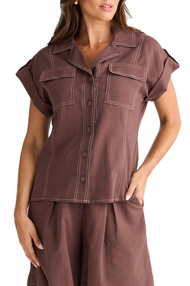 Portia Stripe Button-Up Shirt, Main, color, CHOCOLATE