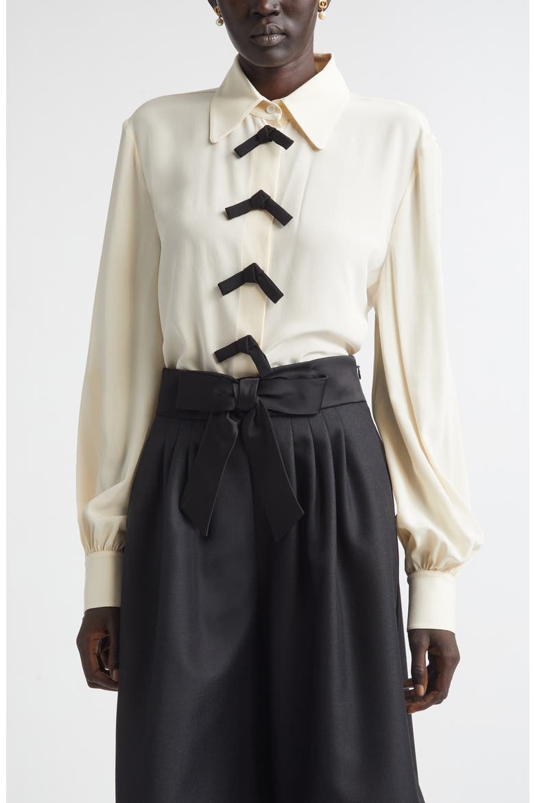Bow Detail Silk Crêpe de Chine Button-Up Shirt, Main, color, VANILLA