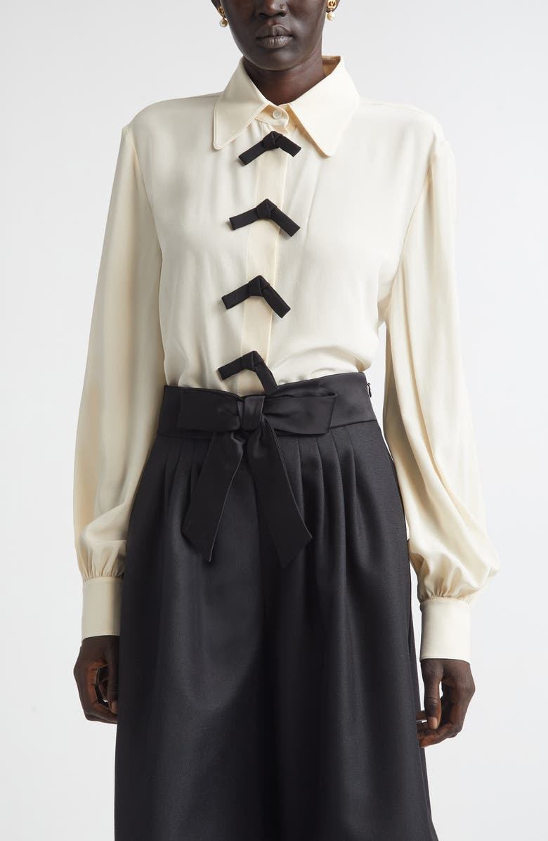 Valentino Bow Detail Silk Crêpe de Chine Button-Up Shirt, Main, color, Vanilla