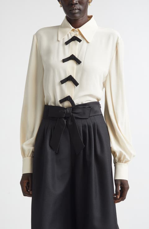Bow Detail Silk Crêpe de Chine Button-Up Shirt