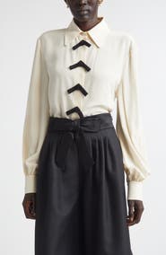 Valentino Bow Detail Silk Crêpe de Chine Button-Up Shirt