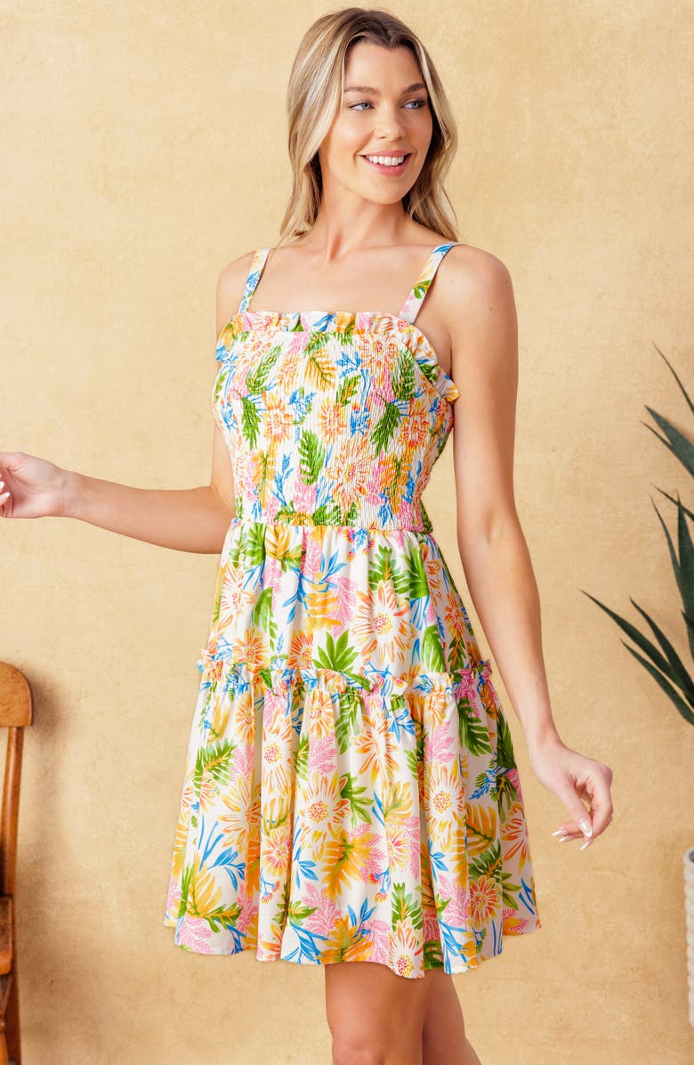 FLYING TOMATO Floral Smocked Fit & Flare Minidress, Alternate, color, Ivory Orange