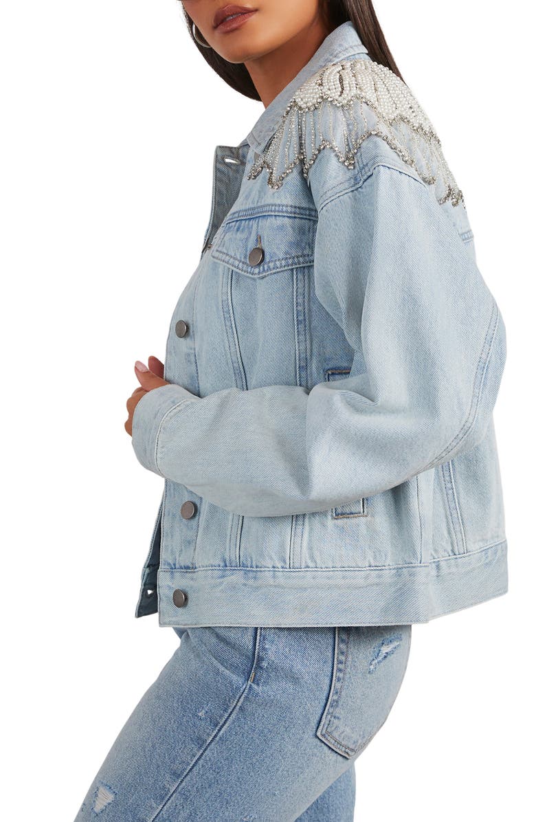 VICI Collection Delanie Imitation Pearl & Rhinestone Detail Denim Trucker Jacket, Alternate, color, 