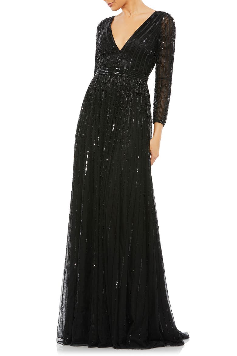 Sequin & Bead Stripe Long Sleeve Mesh Gown, Main, color, BLACK