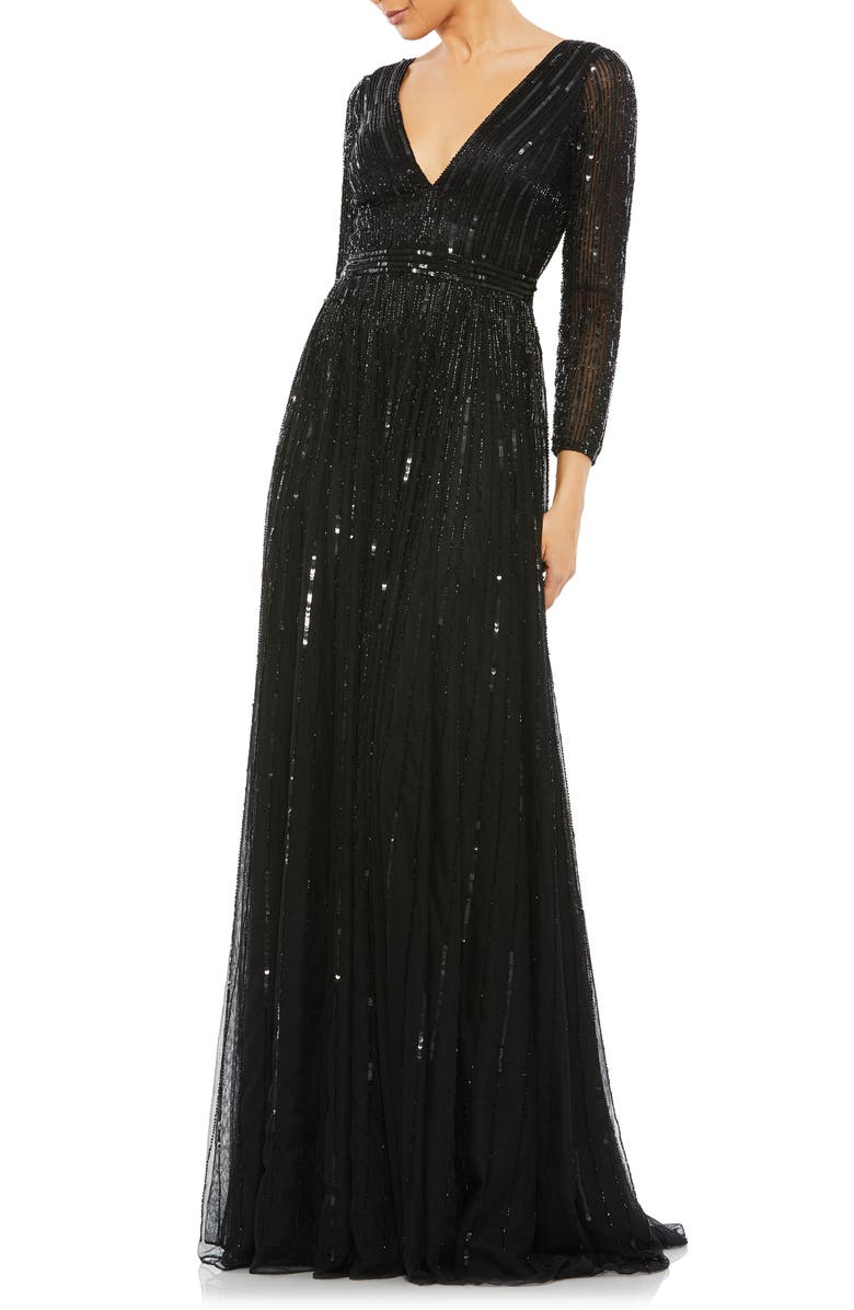Mac Duggal Sequin & Bead Stripe Long Sleeve Mesh Gown, Main, color, 