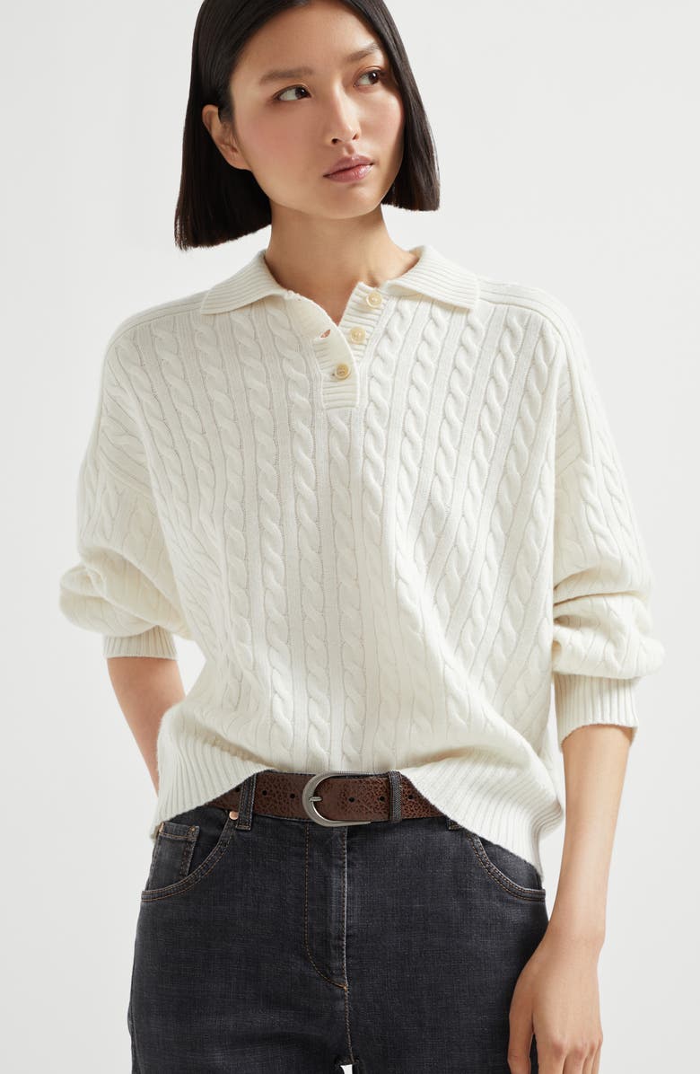 Brunello Cucinelli Polo-style sweater with monili, Alternate, color, Panama
