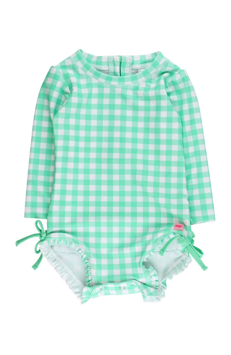 RuffleButts Baby Girls Gingham Long Sleeve UPF50+ One Piece Rash Guard, Main, color, Spring Green Gingham