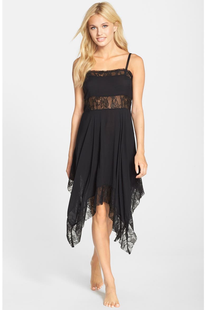 Dobby Dot Lace Trim Trapeze Slip, Main, color, BLACK