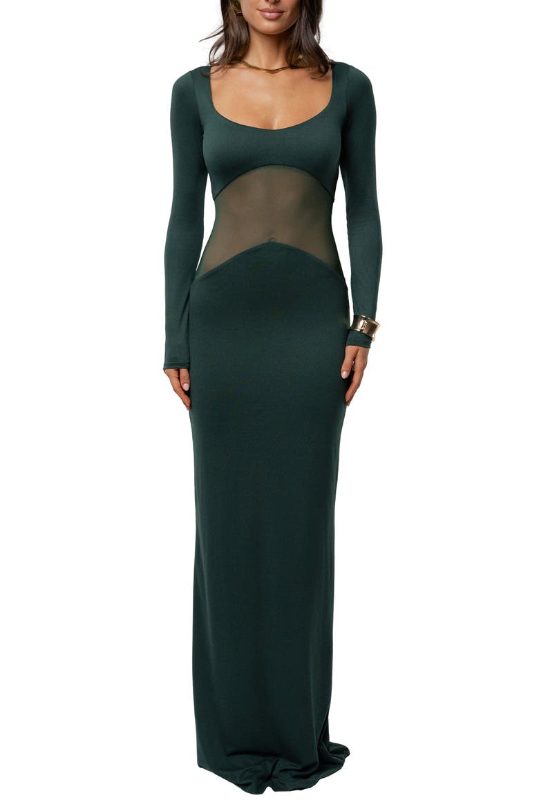 Glitz Hour Long Sleeve Mesh Body-Con Maxi Dress, Main, color, GREEN