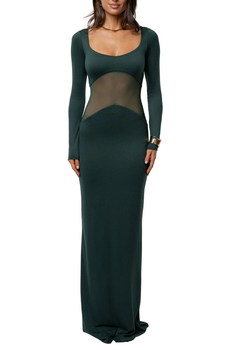 JLUXLABEL Glitz Hour Long Sleeve Mesh Body-Con Maxi Dress, Main, color, Green