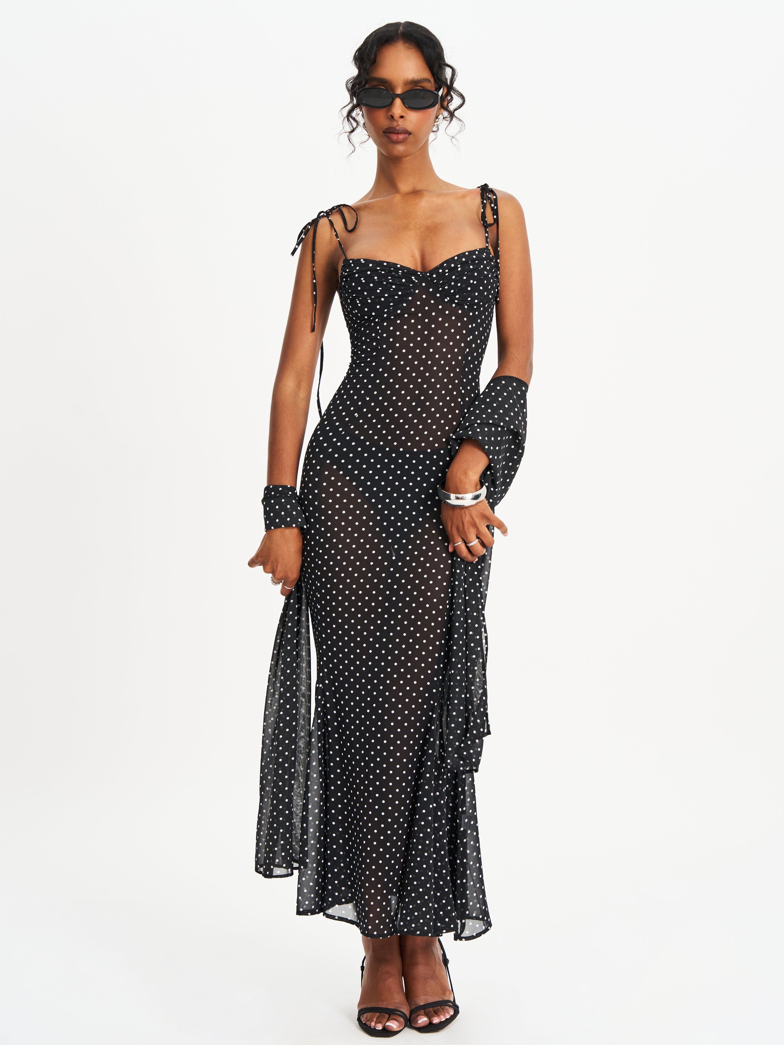 polka dot chiffon dress Juliette Navy Blue Maxi XXS / 0 Complete with a matching chiffon scarf for versatile styling Amaya Strapless Chiffon Maxi Dress