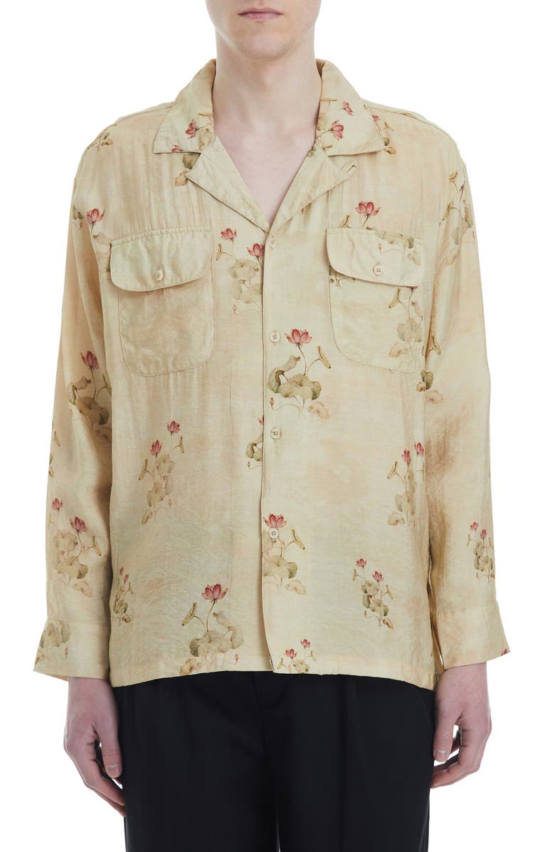 FOUND Lotus Print Button-Up Shirt, Main, color, 