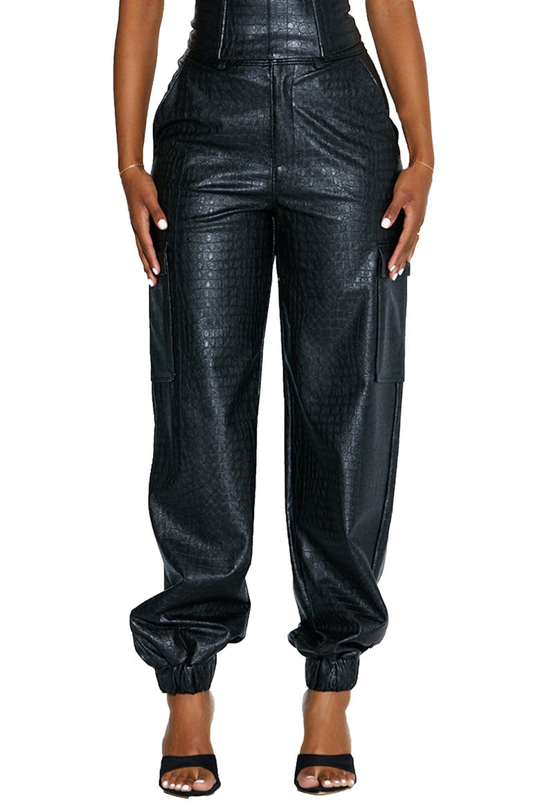 The Crocodile Faux Leather Joggers, Main, color, BLACK