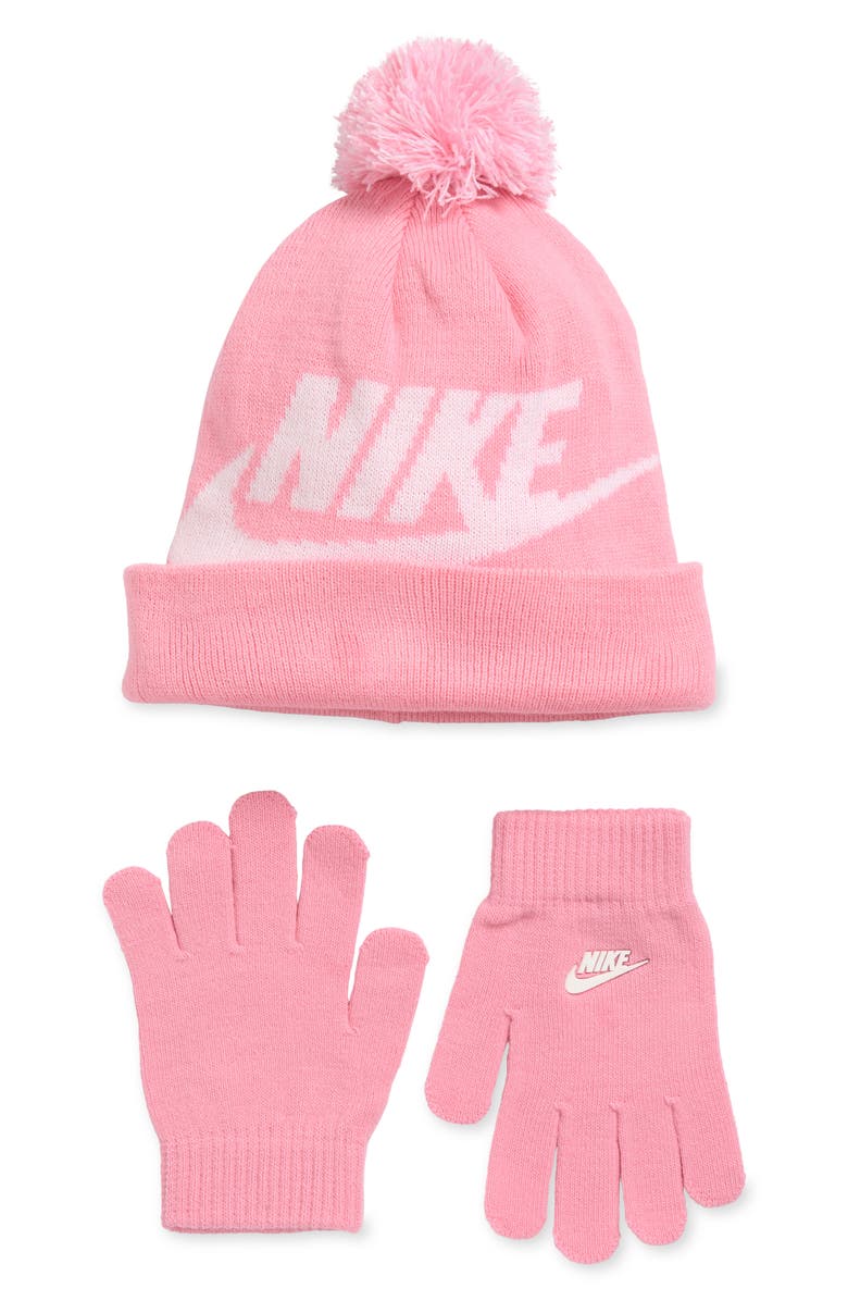 Nike Kids' Swoosh Pompom Beanie & Gloves Set, Main, color, Pink