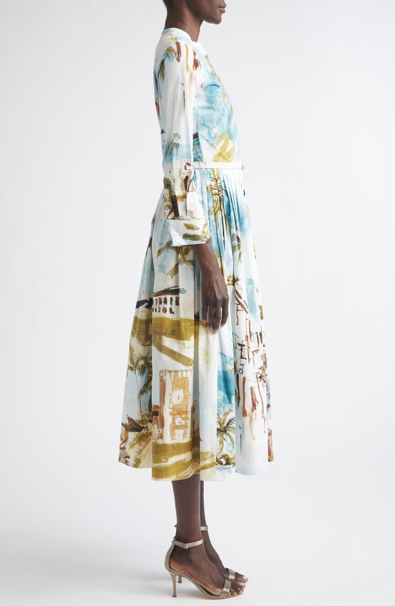 Oscar de la Renta Dominican Landscape Stretch Poplin Shirtdress, Alternate, color, Blue Green Mult