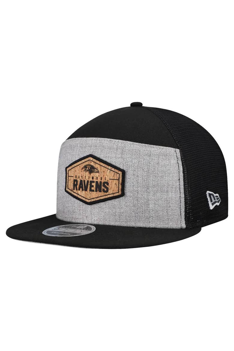 Men's New Era  Gray/Black Baltimore Ravens Cork Split Panel 9FIFTY Trucker Snapback Hat, Main, color, Gray