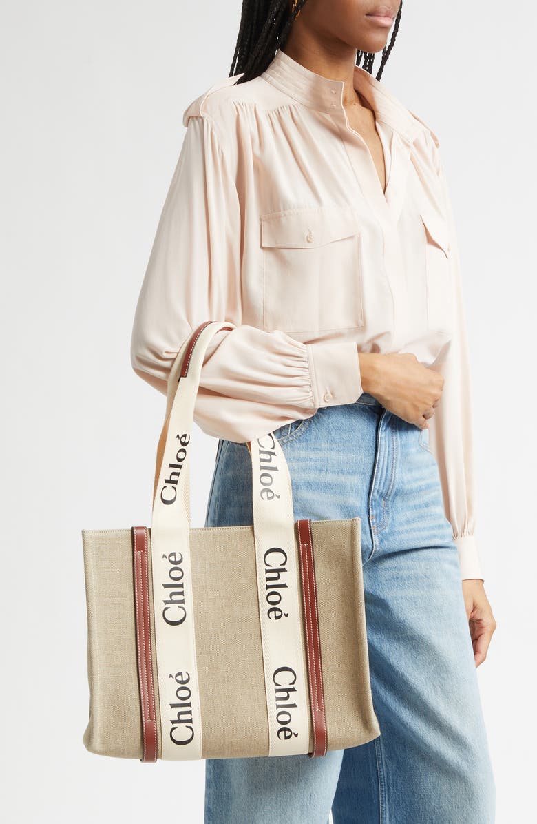 Chloé Medium Woody Linen Tote, Alternate, color, White - Brown 1