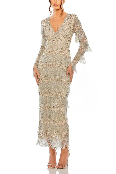 Beaded Fringe V-Neck Long Sleeve Gown