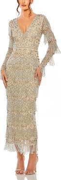 Mac Duggal Beaded Fringe V-Neck Long Sleeve Gown