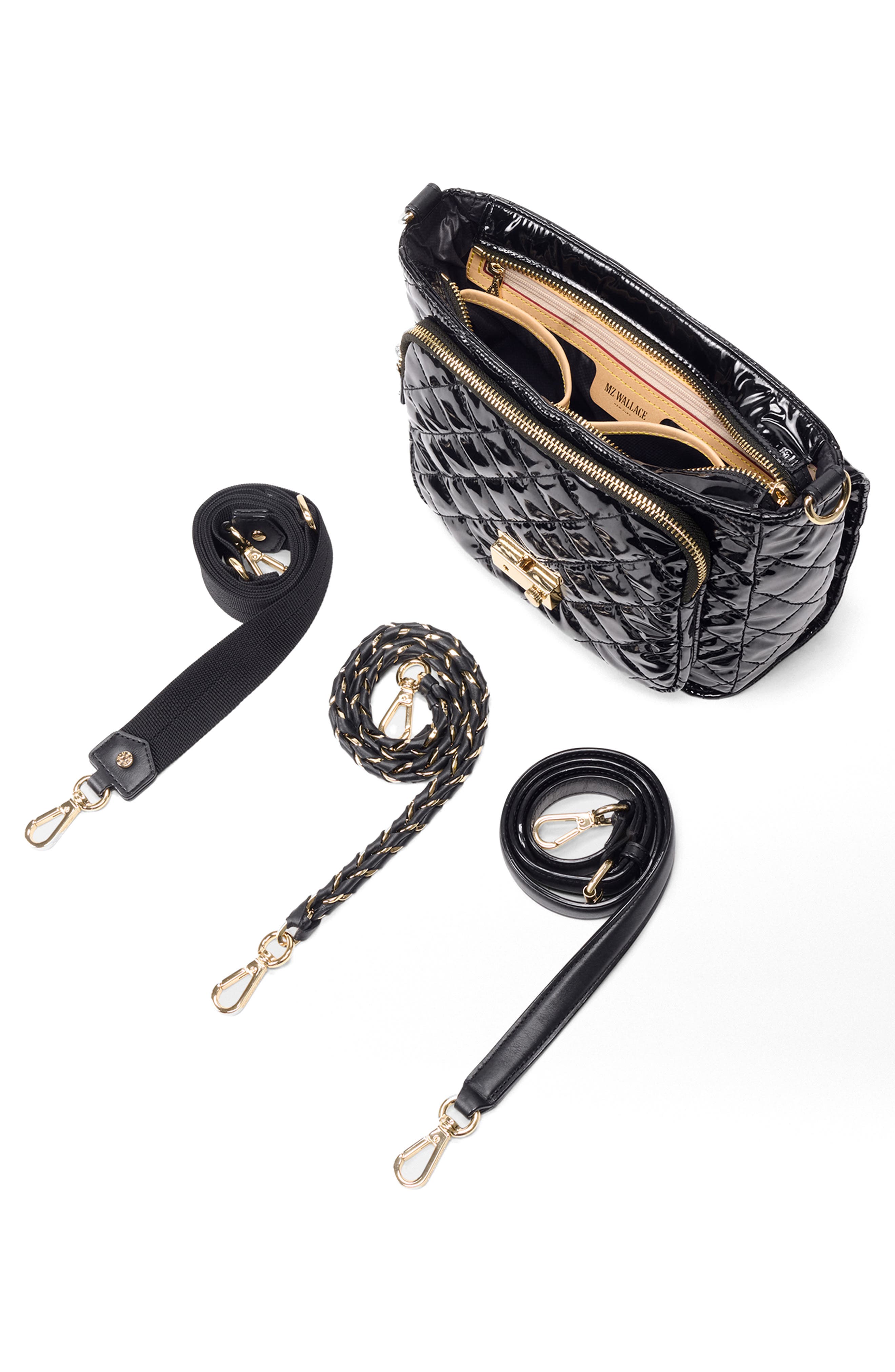 MZ Wallace Medium Crosby Lock Quilted Nylon Crossbody Bag, Alternate, color, Black Lacquer