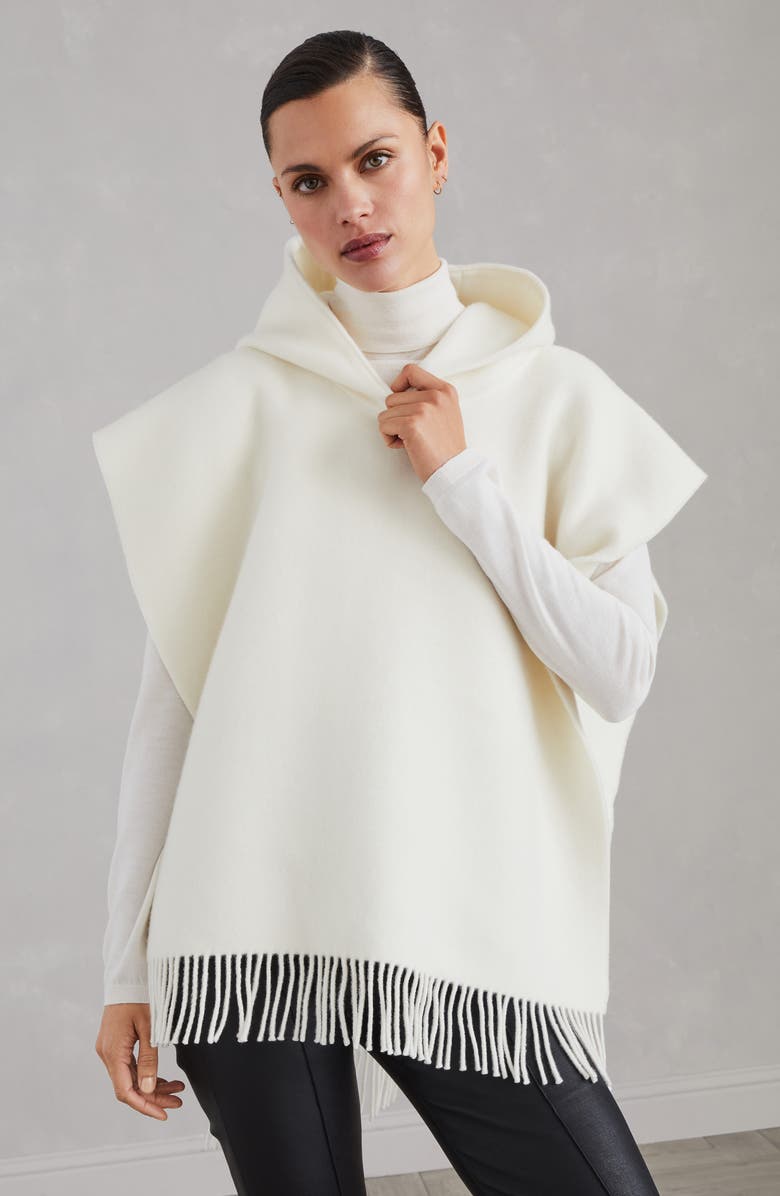 Brunello Cucinelli Wool and cashmere double knit poncho with hood and fringe, Alternate, color, 