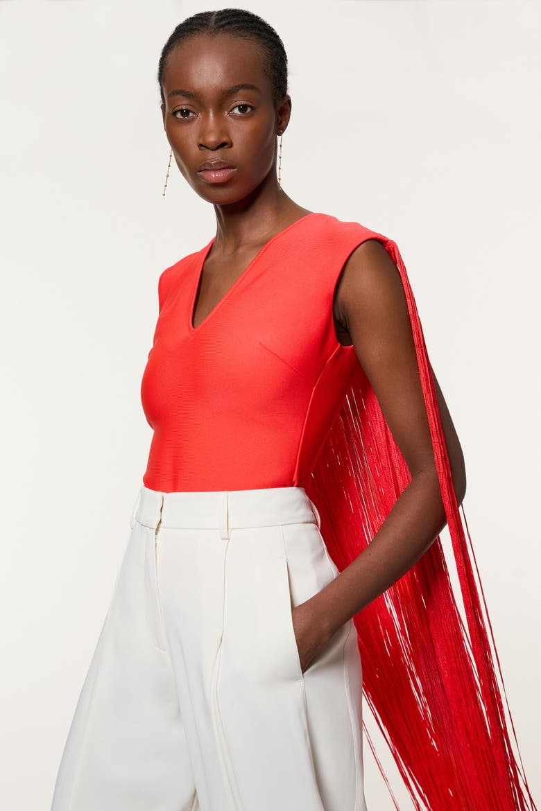 Bandage Knit Long Tassel Cape Top, Main, color, Coral