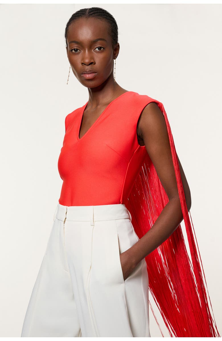 Karen Millen Bandage Knit Long Tassel Cape Top, Main, color, Coral