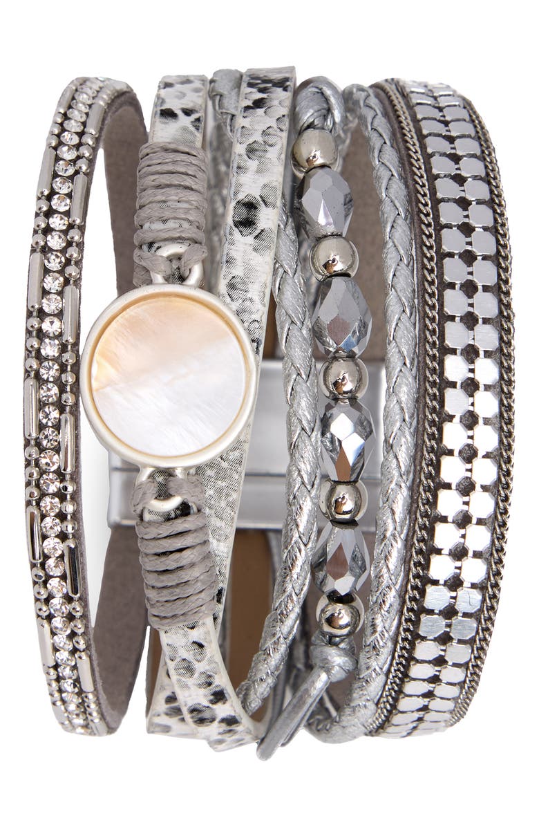 SAACHI Crystal & Orb Multistrand Leather Bracelet, Main, color, 