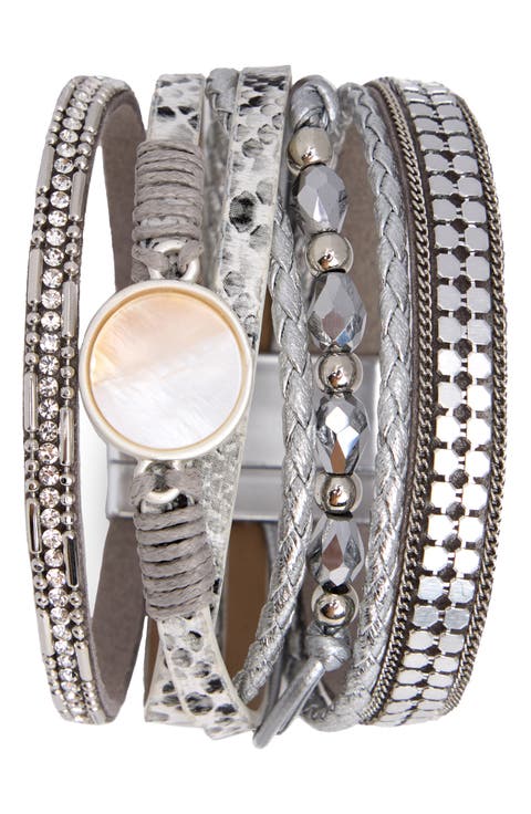 Crystal & Orb Multistrand Leather Bracelet