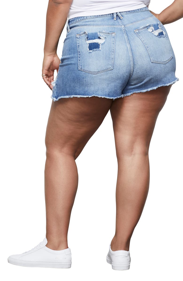 Good American The Bombshell Ripped Cutoff Denim Shorts, Alternate, color, 