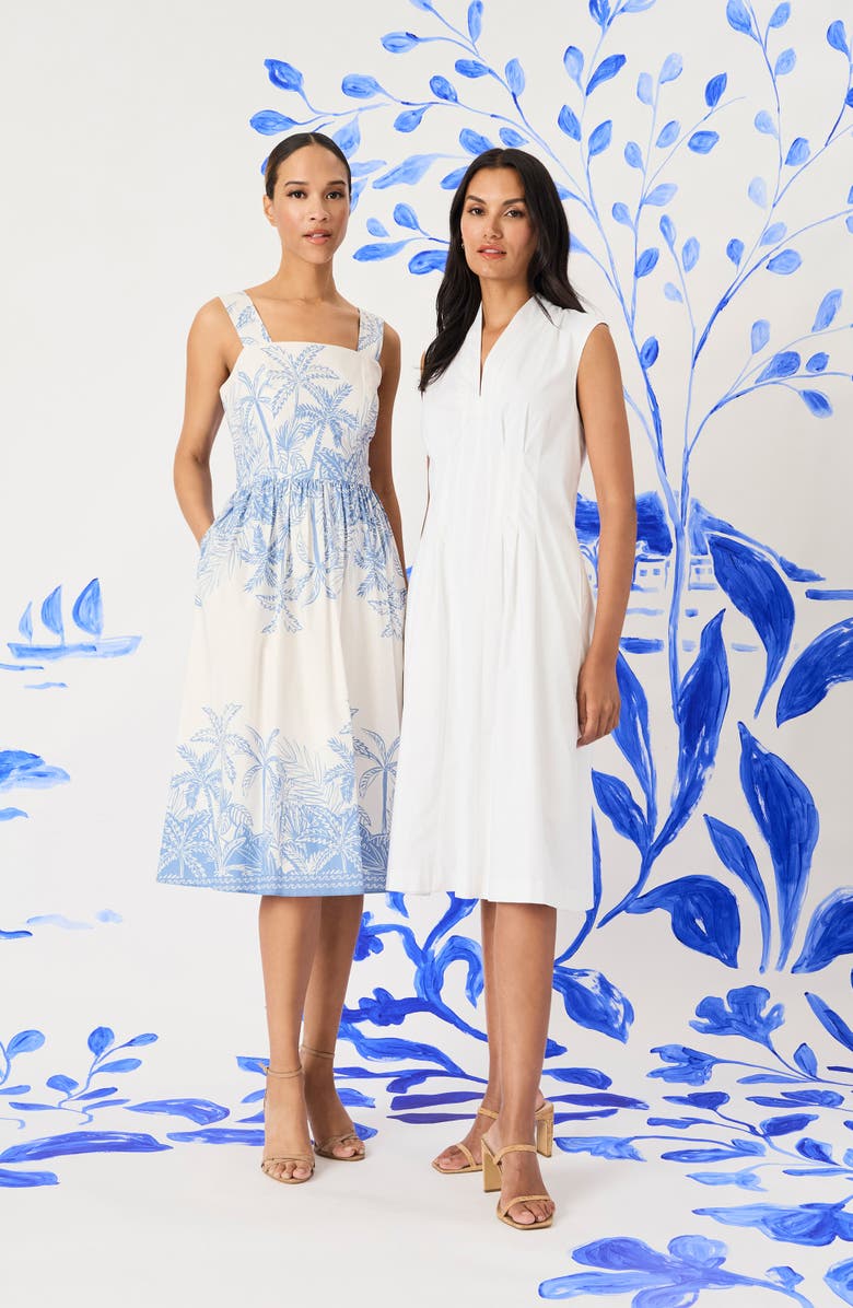 Maggy London Palm Print Stretch Cotton Dress, Alternate, color, Blue/ White