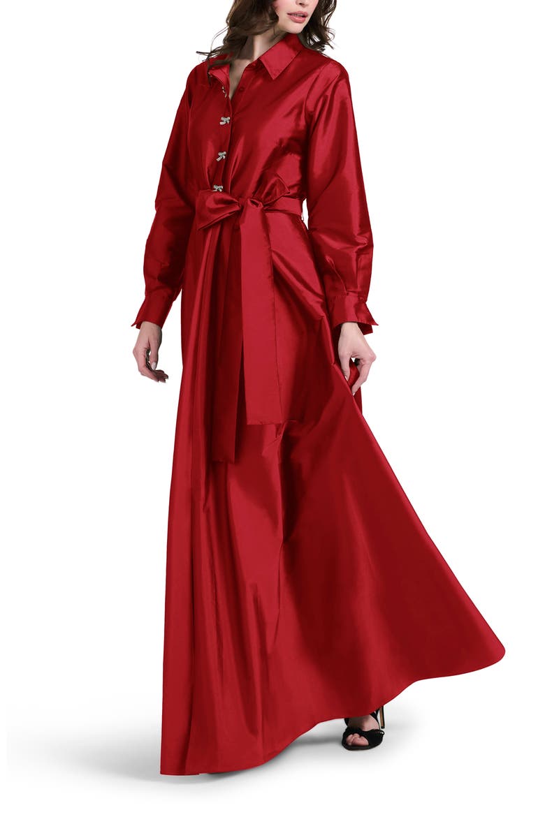 Crystal Bow Button Long Sleeve Taffeta A-Line Gown, Alternate, color, RED